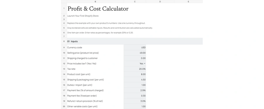 Actual input cells from the included calculator