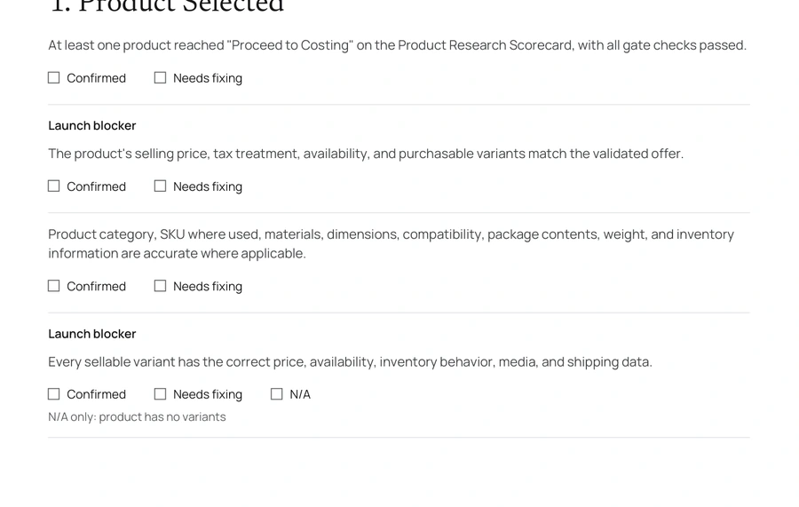Actual checks from the Store Launch Checklist