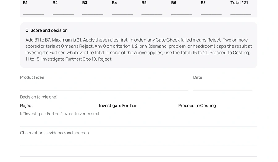Actual decision block from the Product Research Scorecard